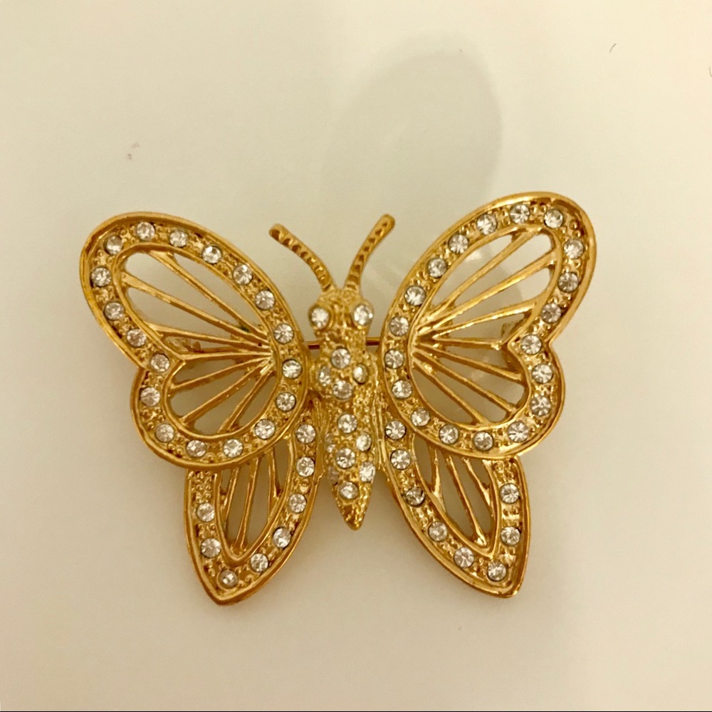 Vintage Gold Butterfly Brooch with Rhinestones